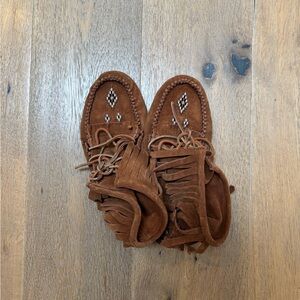 Brown Suede Moccasin Slippers with Fringe